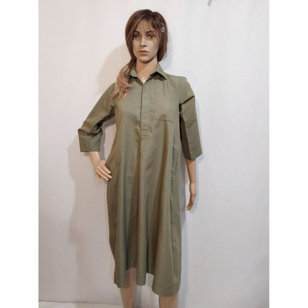 Vtg Olive Green Pinstriped Collared Poplin A Line Midi Dress Pockets See Measure